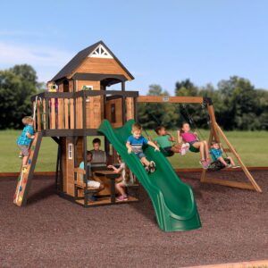 Backyard Discovery Sterling Point Cedar Wood Swing Set with Wave Slide, Raised Clubhouse, Wooden Bridge, Rock Wall, Belt Swings, Web Swing, Trapeze, Balcony, Climbing Wall, Ladder, Outdoor Playset